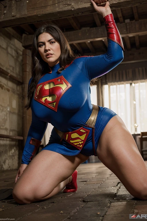 (mature superheroine bbw , full body, golpeada en la entrepierna, submission) derrotada en la batalla, cara de inconsciente