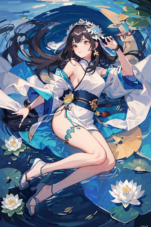( (tmasterpiece:1.4,Best quality))++,(hyper-detailing)+,(Best quality,hyper-detailing,vibrant with colors,rich colourful,dynamic angle,high contrast:1.2),one-girl,Height about 164cm,Blue cheongsam(cropped shoulders,chest window),tiese,shirt collar,obi strip,medium,National tide,There a white-blue lotus in the right hand,Long black hair,Shawl hair,Lotus headdress(hanging tassels),Wearing a white long fingerless glove on the right hand,Wearing a jade bracelet on the right hand(There are long tassels hanging down below),black heels,leg loops,obi strip(A little more modern)blue carp(symbol),lotus flower(symbol),Eau,water dripping,spatter,above water,ellegance,gentleness,temperament,Draw the whole body,Fashionab,National tide background, with dynamism, garments, posing on a, frontage, rich colourful, dyna, Background with, self-assured, Expressing the, statement, fittings, A majestic, coil, Runt, Scenes, Cover of a, boldness, attention-grabbing,Fashionab, typeface, modern day,Catchy, attention-grabbinodern day, Fashionab, focal, Fashionab,delicated face,exquisite facial featureull bodyesbian,Lotus element