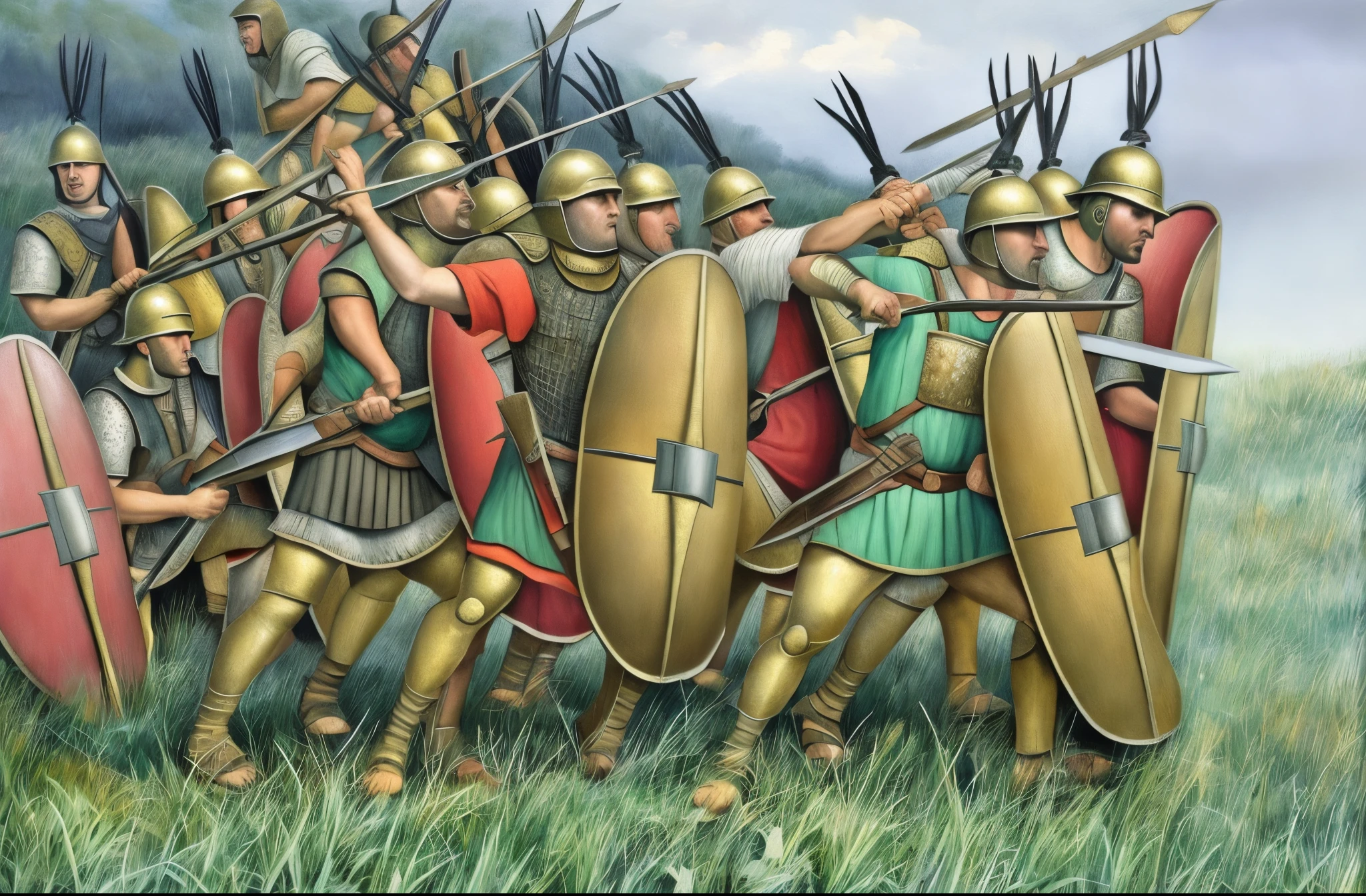a painting of a group of men in armor holding shields, leading spartans into battle, ancient battlefield, distant battle of cannae 216 bce, historical artistic depiction, roman legionnaire, by Artur Tarnowski, by Pogus Caesar, ancient roman style, in battle, ancient roman painting, traditional roman armor, 3rd century , on a battle field
