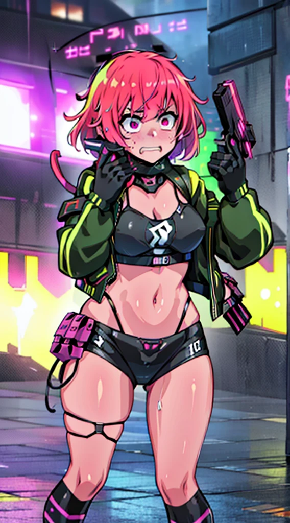 masutepiece,8K,High quality,Ultra Detail,super precision,1girl in(in fighting)(Angry face),Two-gun pistol,huge tit,cyberpunked,in fighting,Building area at night where it is located(cyberpunked),dazzling neon light,