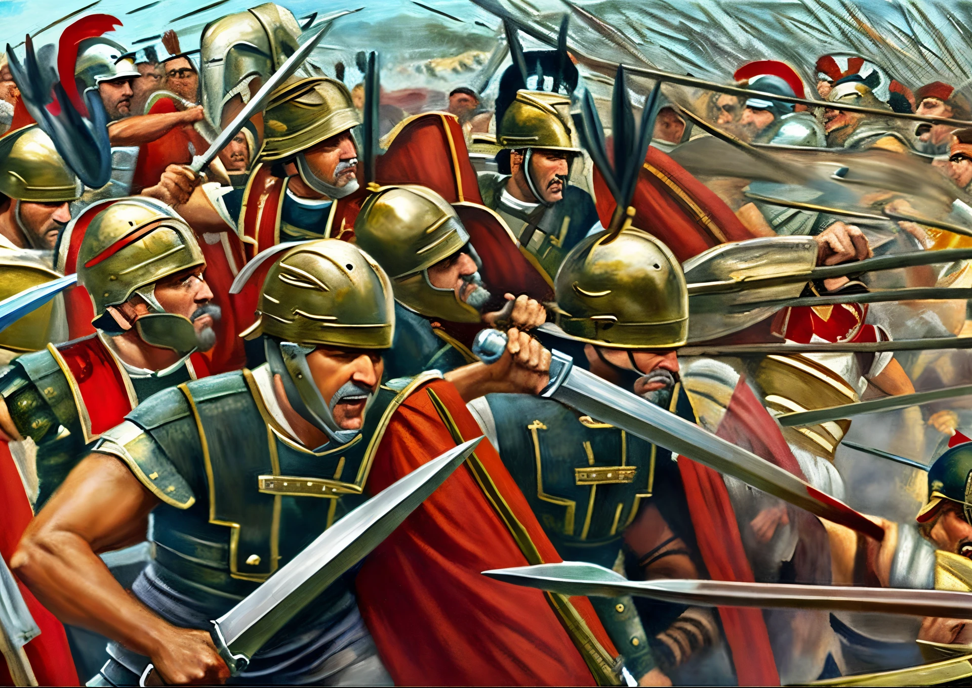 a painting of a group of men in armor holding swords, historical artistic depiction, leading spartans into battle, by Pogus Caesar, fall of rome, background of invading army, in battle, heroic battle scene, 4 0 0 , historical painting, the fall of rome, ancient battlefield, by Mort Artists, ancient roman painting, by Antonio Ciseri