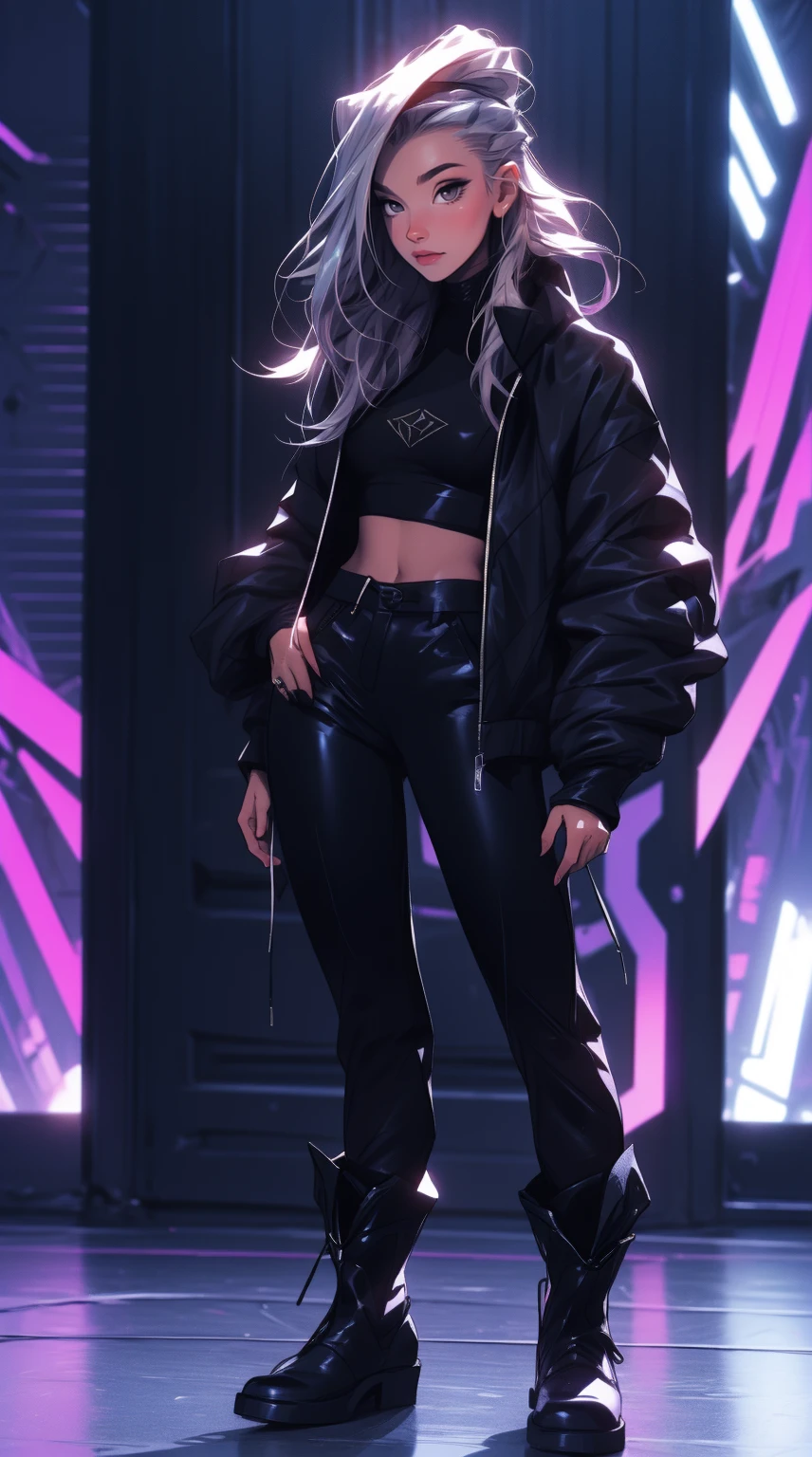 Masterpiece, 4K Ultra HD, sharp focus, realistic; a girl In the Gawr Gura style of hololive in a stylish silver jacket, black pants, and boots. Maintain the characteristics of Gawr Gura.