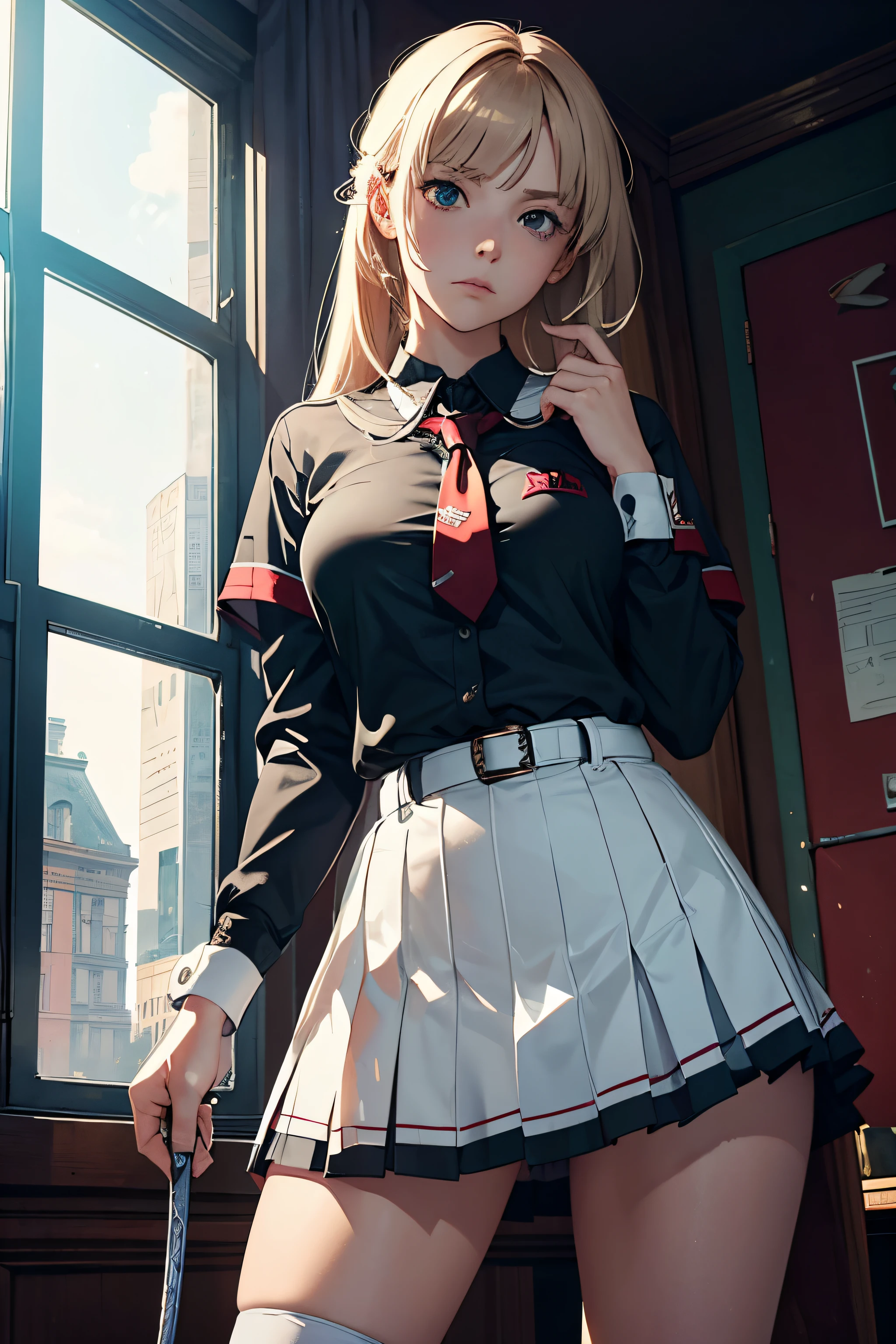 a dominant girl with a whip in her hand, she looks down on you, wondering what to do with you, somewhat bored, she is the school bully
