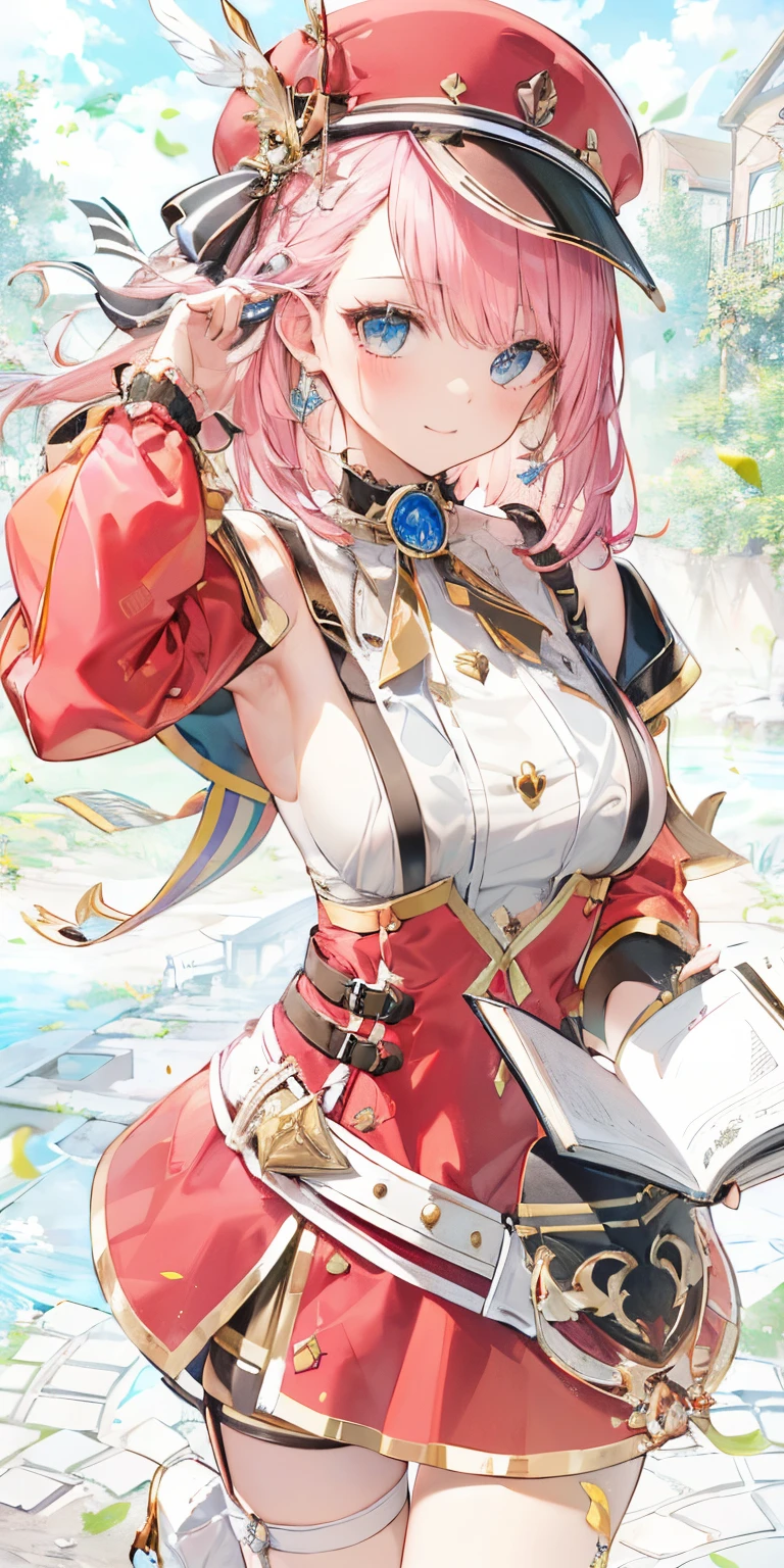 (masterpiece, best quality;1.3), extremely detailed, ultra detailed image, 1girl, Charlotte, genshin impact, pink hair, cute, Smile