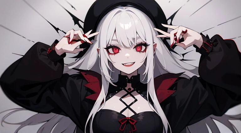 vampire, white haired , showing fangs , goth , grunge, all black outfit , anime girl , blood dripping down face , red and white eyes fading , vintage , psychotic smile