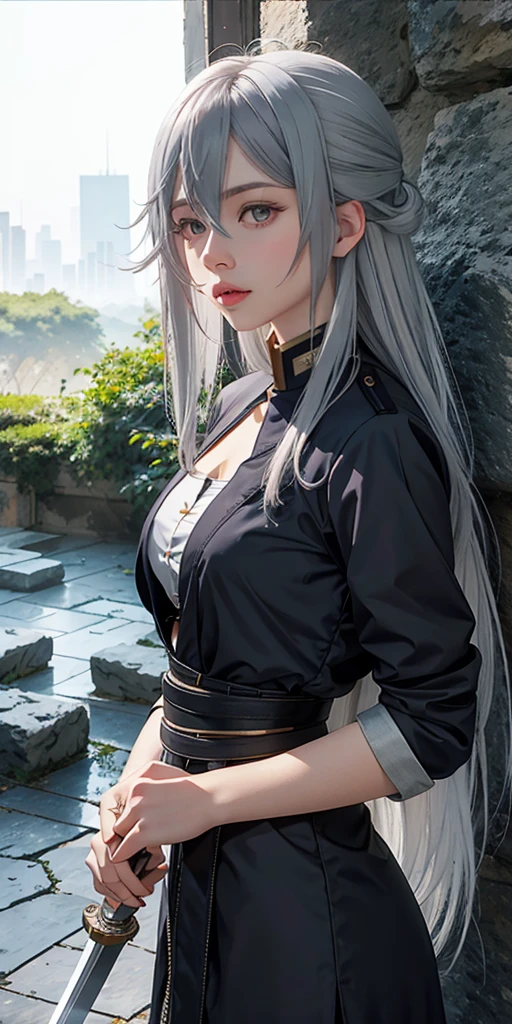 VladilenaLora, long hair, grey eyes, grey hair, sword,