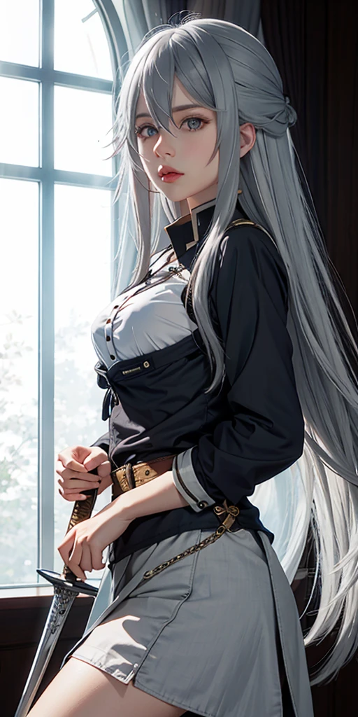 VladilenaLora, long hair, grey eyes, grey hair, sword,