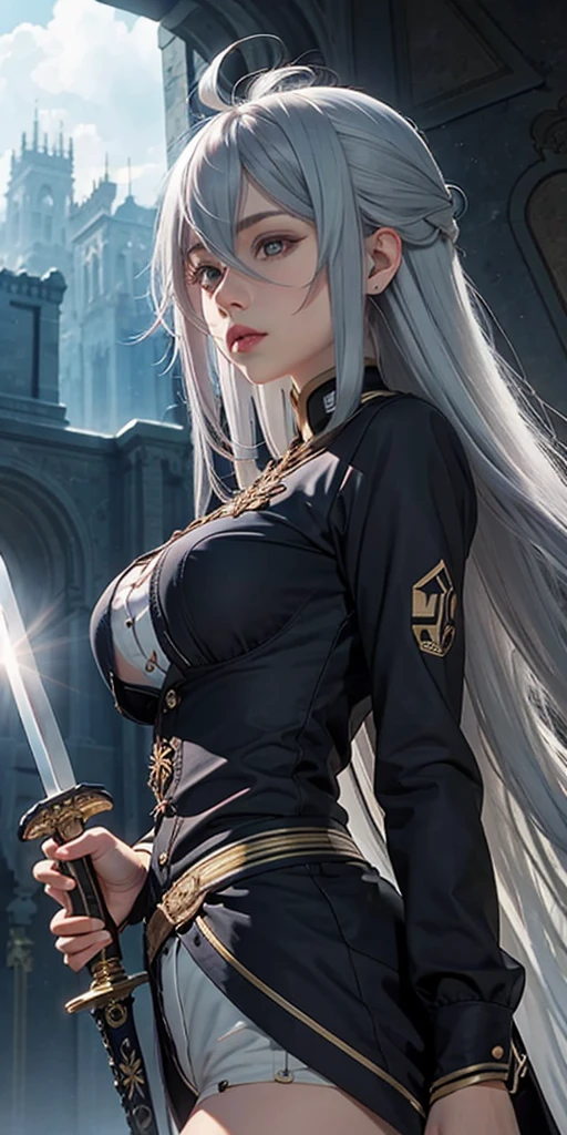 VladilenaLora, long hair, grey eyes, grey hair, sword, ((view from below))