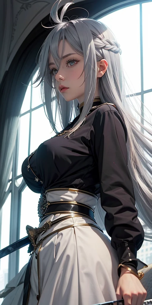 VladilenaLora, long hair, grey eyes, grey hair, sword, ((view from below))