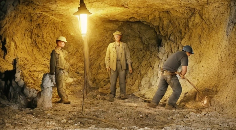 Mine caves，Workers are mining，The clothes were tattered，Everyone has lost weight，A man with a whip supervises our mineriner's lamp，The environment  dim