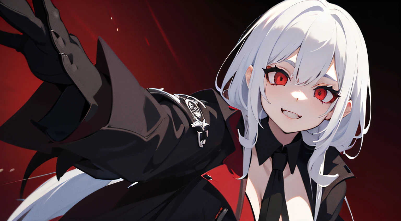 vampire, white haired , showing fangs , goth , grunge, all black outfit , anime girl , blood dripping down face , red and white eyes fading , vintage , psychotic smile