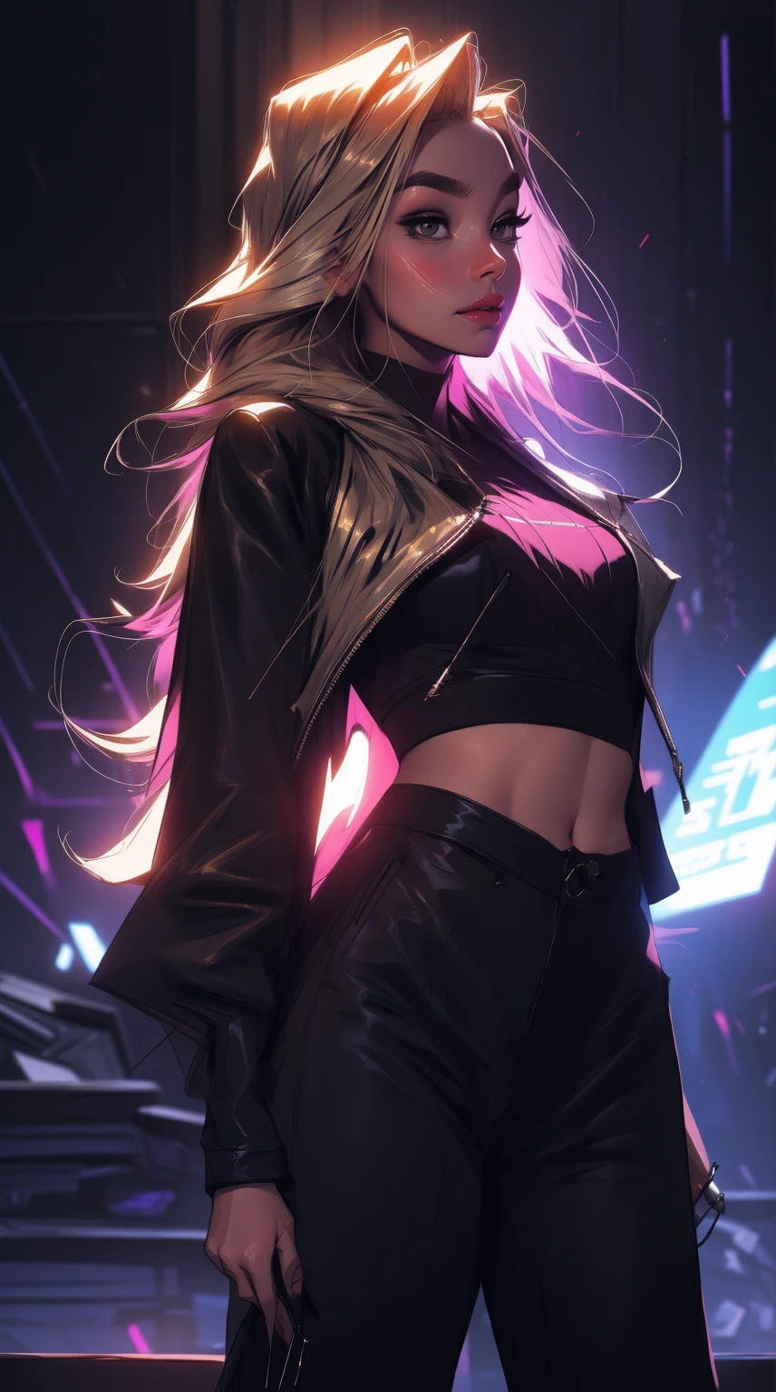 master part, 4K Ultra HD, foco nítido, Realistic; uma garota no estilo Gawr Gura de hololive em uma elegante jaqueta prateada, black pants, e botas. Keep Gawr Gura's face but more realistic.