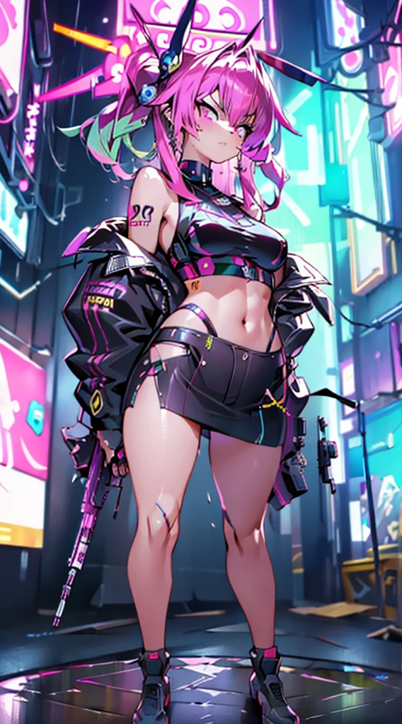 masutepiece,8K,High quality,Ultra Detail,super precision,1girl in(in fighting)(Angry face),Two-gun pistol,Colossal tits,cyberpunked,in fighting,Building area at night where it is located(cyberpunked),dazzling neon light,