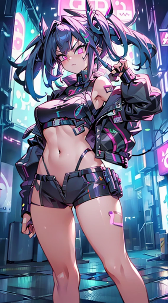 masutepiece,8K,High quality,Ultra Detail,super precision,1girl in(in fighting)(Angry face),Two-gun pistol,Colossal tits,cyberpunked,in fighting,Building area at night where it is located(cyberpunked),dazzling neon light,