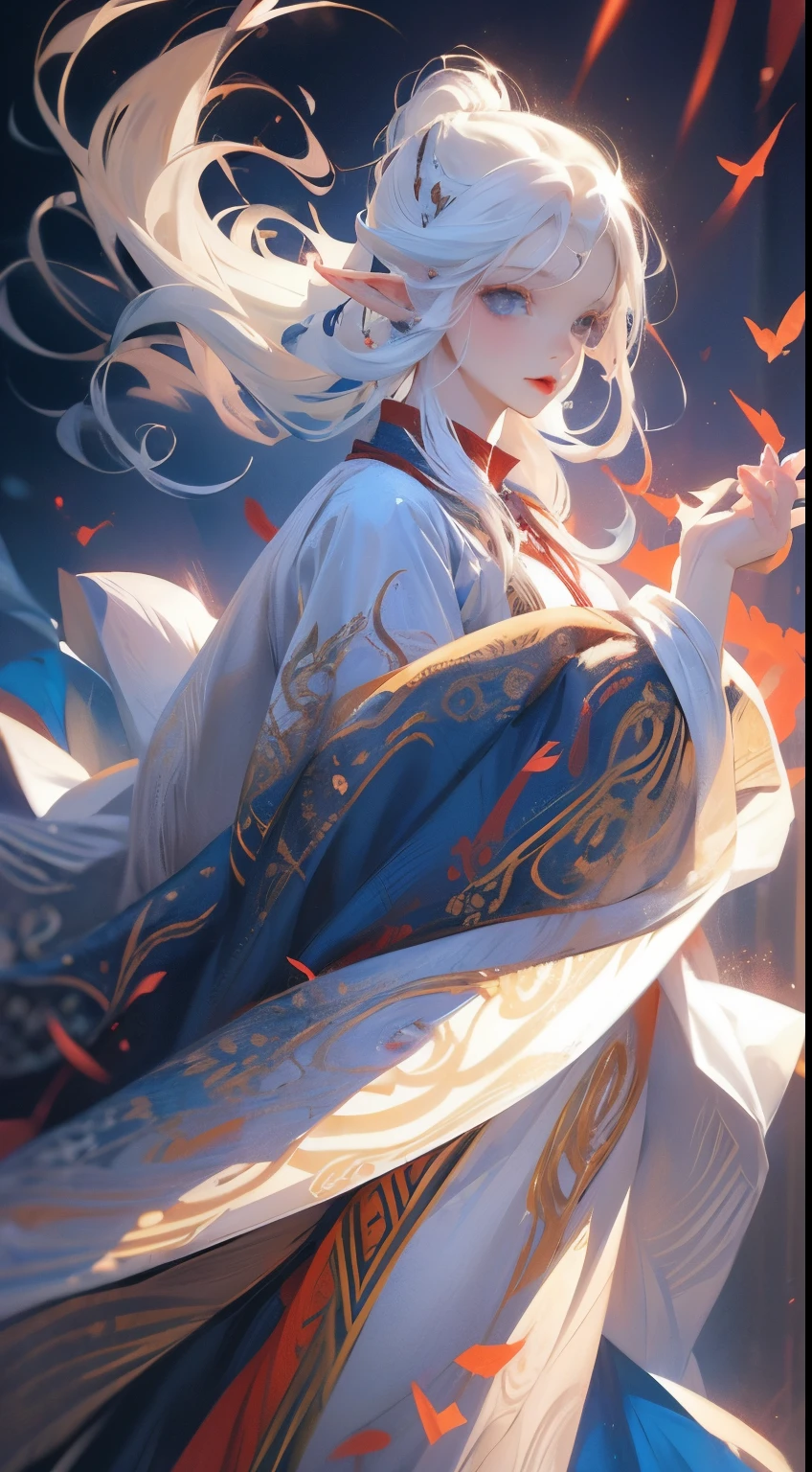 Anime style, albine elf woman , white hair, blue eyes, elf ears, red lips, walking forest, very pale albine white body