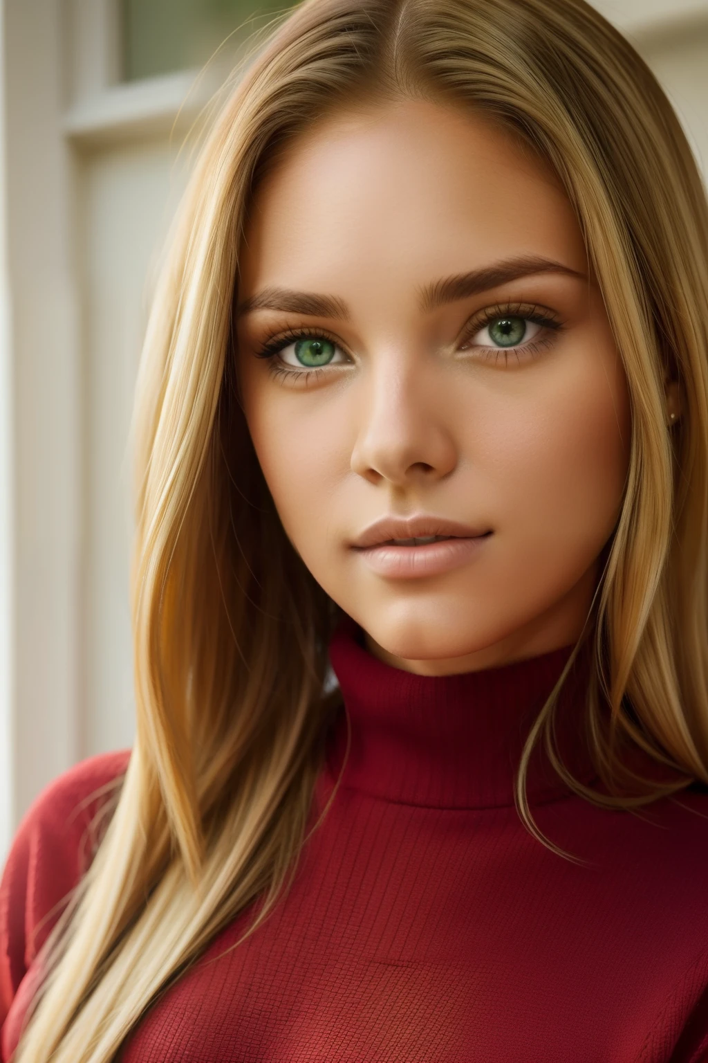 a close-up of a woman with long hair and a red sweater, beautiful Latin face, beautiful attractive face, attractive female face!!!, perfect face and eyes, extremely beautiful face, beautiful eyes and face, beautiful female face, green eyes light, honey colored eyes, seductive eyes and face, light green eyes, beautiful green eyes, blonde hair, platinum blonde hair, wears gym clothes, tight to the body, full body photo