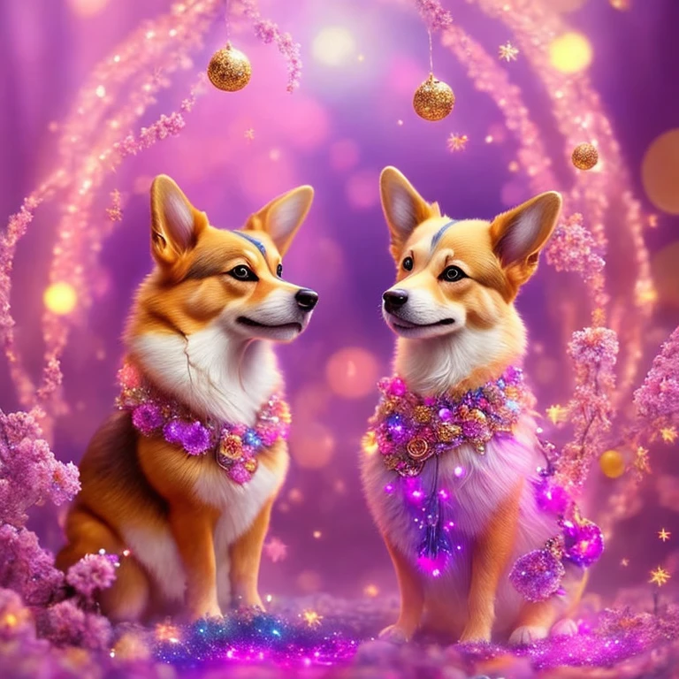 Fantasy, A mystical corgi, with shimmering fur that glows like stardust. Its eyes hold secrets of ancient wisdom, and its paws leave trails of enchanted paw prints. The scene  set in a lush, enchanted forest, where sparkling fairy lights dance among the trees. The atmosphere  filled with a sense of wonder and magic. The artistic medium used  digital illustration, incorporating vibrant colors and intricate details. Inspired by the works of Hayao Miyazaki, Studio Ghibli, and the Art Nouveau movement. Camera settings: Digital camera, high resolution, soft focus effect. Colorful fusion