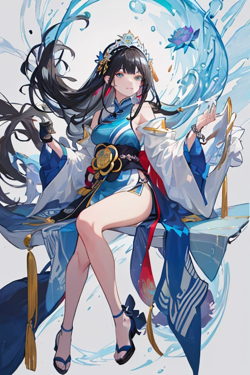 ( (tmasterpiece:1.4,Best quality))++,(hyper-detailing)+,(Best quality,hyper-detailing,vibrant with colors,rich colourful,dynamic angle,high contrast:1.2),one-girl,Height about 164cm,Blue cheongsam(cropped shoulders,chest window),tiese,shirt collar,obi strip,medium,National tide,There a white-blue lotus in the right hand,Long black hair,Shawl hair,Lotus headdress(hanging tassels),Wearing a white long fingerless glove on the right hand,Wearing a jade bracelet on the right hand(There are long tassels hanging down below),black heels,leg loops,obi strip((hyper-detailing)),blue carp(symbol),lotus flower(symbol),Eau,water dripping,spatter,above water,ellegance,gentleness,temperament,Draw the whole body,Fashionab,National tide background, with dynamism, garments, posing on a, frontage, rich colourful, dyna, Background with, self-assured, Expressing the, statement, fittings, A majestic, coil, Runt, Scenes, Cover of a, boldness, attention-grabbing,Fashionab, typeface, modern day,Catchy, attention-grabbinodern day, Fashionab, focal, Fashionab,delicated face,exquisite facial featureull bodyesbian,Lotus element