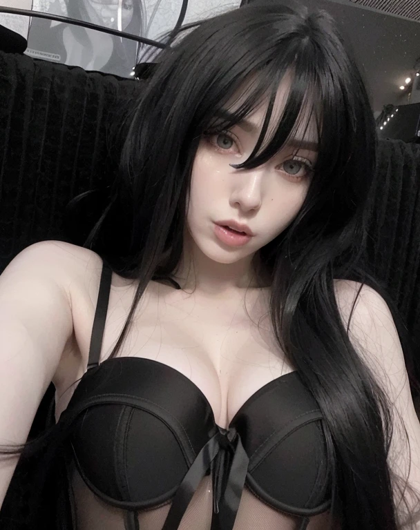 devastated woman with long black hair and black bra, pale goth beauty, Amouranth, with pale skin, pale white skin, pale porcelain white skin, very very pale white skin, goth girl aesthetic, 1 7 - year - old goth girl, pale fair skin!!, Ela tem cabelo preto com franja, pale skin and dark eyes, Pale - white skin