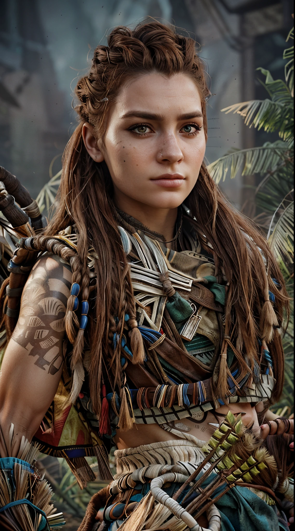 a close up of a woman with, aloy, female character, aloy from horizon: zero dawn, realistic, photorealistic, detailed eyes, detailed face, long hair, determined expression, tribal makeup, post-apocalyptic setting, intense lighting, vibrant colors