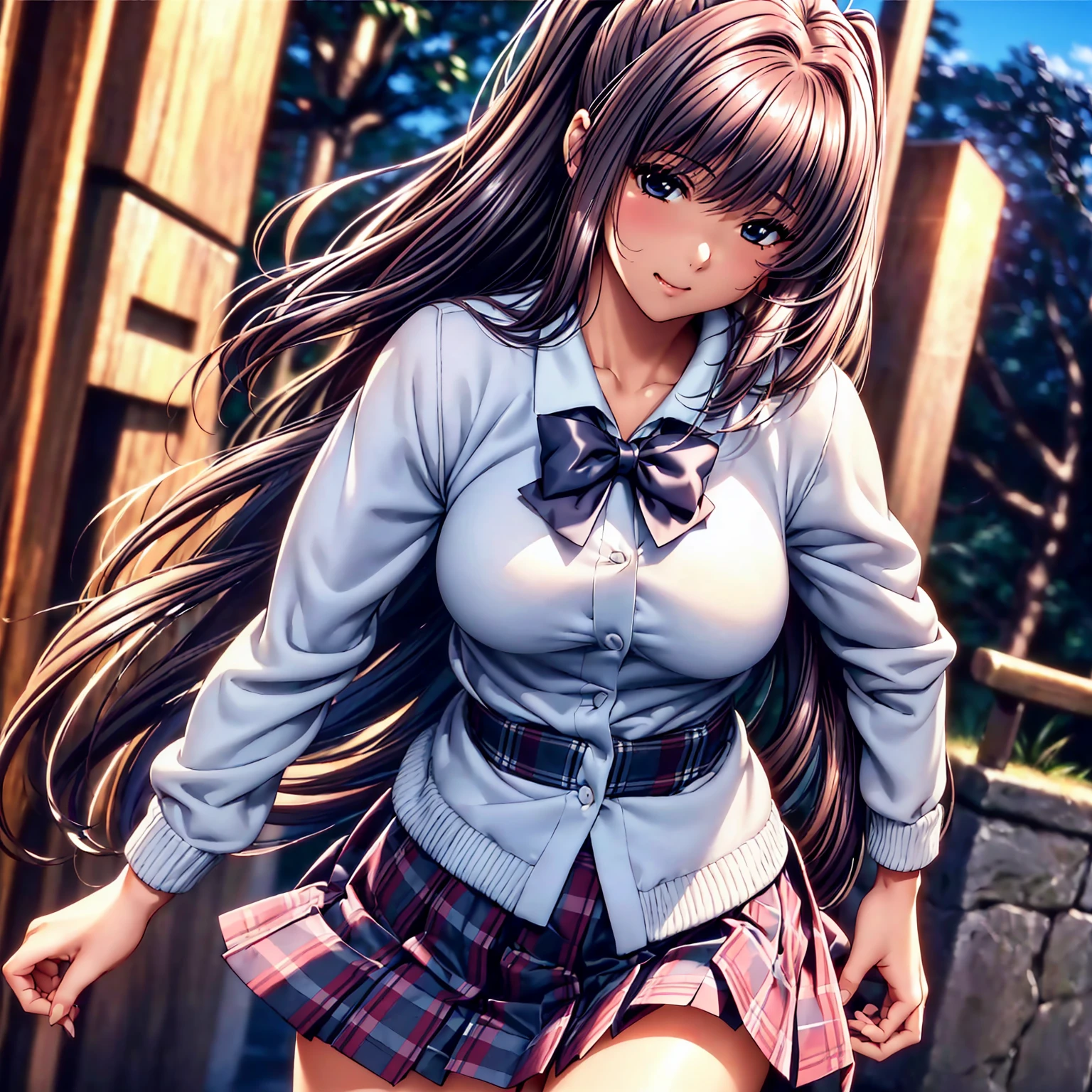 (top quality picture、masterpiece level、very high res、超A high resolution,High-quality detail)、(An 18-year-old beautiful girl with perfect and ultimate beauty.,beautiful breasts and body shape,Beautiful body,美丽的面容:1.5)、Wide variety of hairstyles,Beautiful hair,Realistic textures,beautiful colors,(Wear a white shirt,bow ribbon,Wear a cardigan,wear a dark blue blazer,Wear a plaid pleated skirt,Wearing a Japan high school uniform,high-school uniform,School uniform,hi-school girl,schoolgirl),has a bright smile,line of sight,Mouth opens,The wind is blowing,Hair flutters under the influence of the wind,Park at night,The cherry tree,Beautiful Landscapes,(The whole body,thigh visible,accurate anatomy、extremely detailed picture、Accurate images、Perfect Image 1.5)、beautiful anime woman, Beautiful Art Style, an animated character、(The whole picture、Detailed picture、Defect-free images、natural soft light、beautiful image),(Best Shot 1.2)