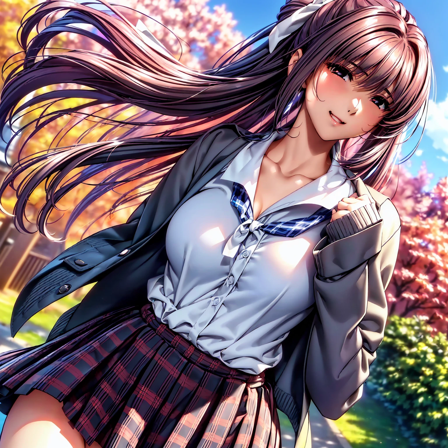 (top quality picture、masterpiece level、very high res、超A high resolution,High-quality detail)、(An 18-year-old beautiful girl with perfect and ultimate beauty.,beautiful breasts and body shape,Beautiful body,美丽的面容:1.5)、Wide variety of hairstyles,Beautiful hair,Realistic textures,beautiful colors,(Wear a white shirt,bow ribbon,Wear a cardigan,wear a dark blue blazer,Wear a plaid pleated skirt,Wearing a Japan high school uniform,high-school uniform,School uniform,hi-school girl,schoolgirl),has a bright smile,line of sight,Mouth opens,The wind is blowing,Hair flutters under the influence of the wind,Park at night,The cherry tree,Beautiful Landscapes,(The whole body,thigh visible,accurate anatomy、extremely detailed picture、Accurate images、Perfect Image 1.5)、beautiful anime woman, Beautiful Art Style, an animated character、(The whole picture、Detailed picture、Defect-free images、natural soft light、beautiful image),(Best Shot 1.2)