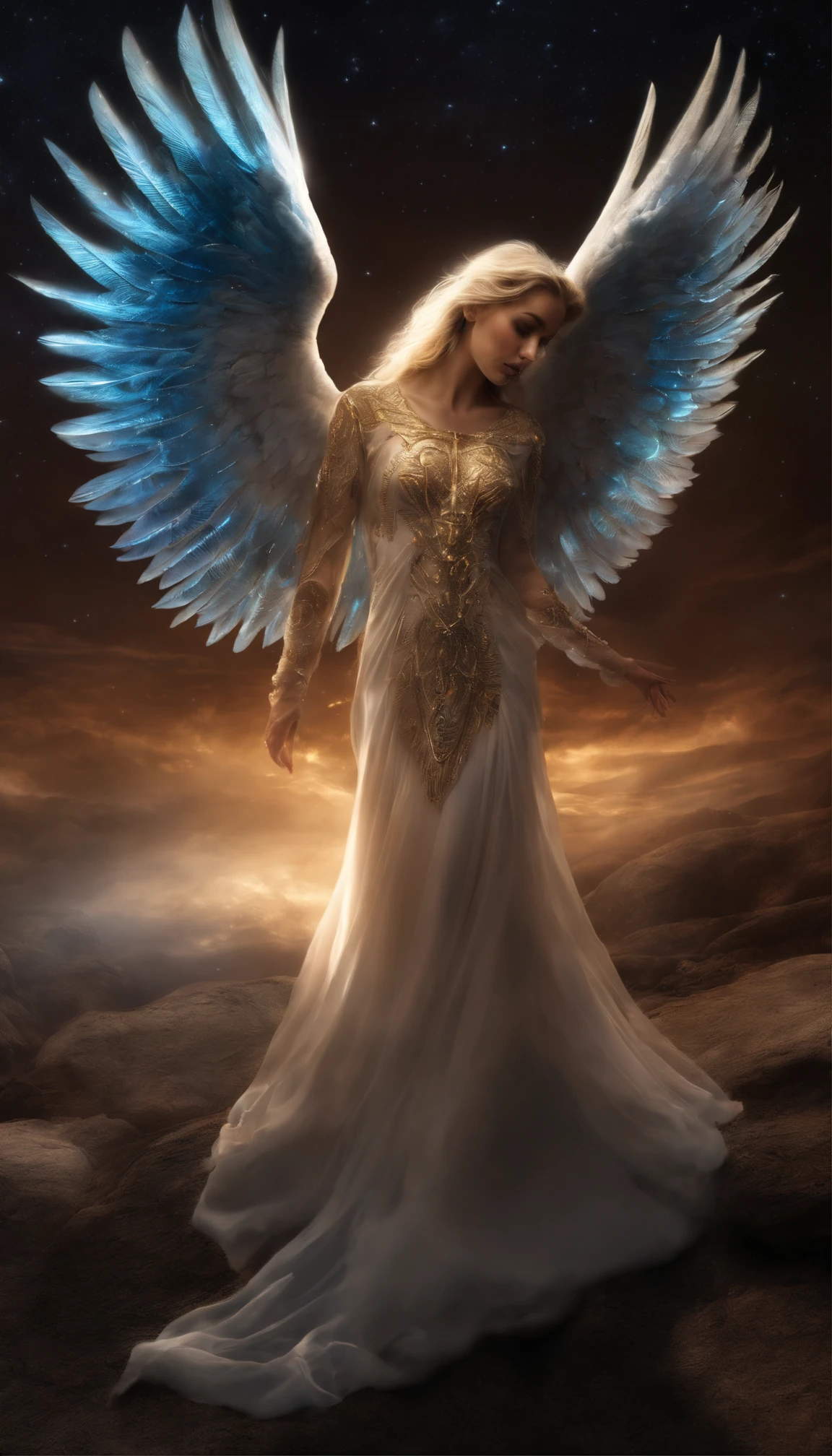 cosmic fallen angel, olhos claros brilhantes, Biomechanicals, estranho, assustador, Pesadelo, cores muito brilhantes, light particles, com luz brilhante, Mshiff, Arte do papel de parede, Papel de parede UHD