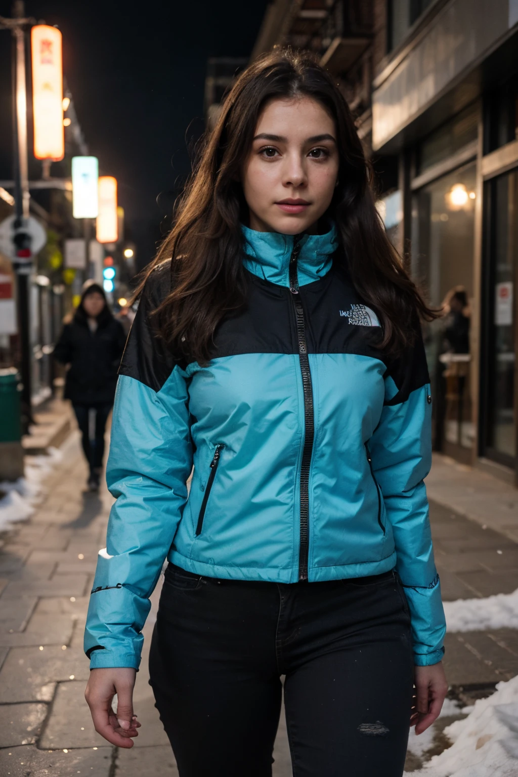 RAW UHD photography of a 24 year old Araffada woman, Spaniard, pelo largo y , Piel de oliva impecable, Sofia Mudd, vestida con chaqueta de inverno puffer grande y alcolchada,pelo recogido, capucha puesta sobre la cabeza, chaqueta acolchada grande de north face, pantalones vaqueros azul marino, whole body photography, fondo calle, night lighting, luz farolas, hace frio, humo frio, nieve, esta nevando, walking profile photo, mucha gente alrededor, hace frio