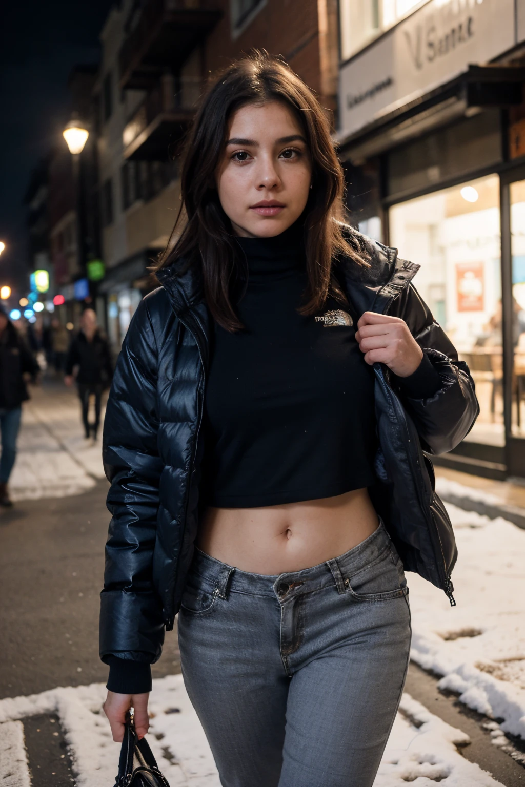 a girl standing in the street, 1girl, detailed face, beautiful eyes, long eyelashes, perfect skin, street, cityscape, realistic, photorealistic, highly detailed, 8K, best quality, masterpiece, cinematic lighting, vibrant colors, dramatic atmosphere, sexy