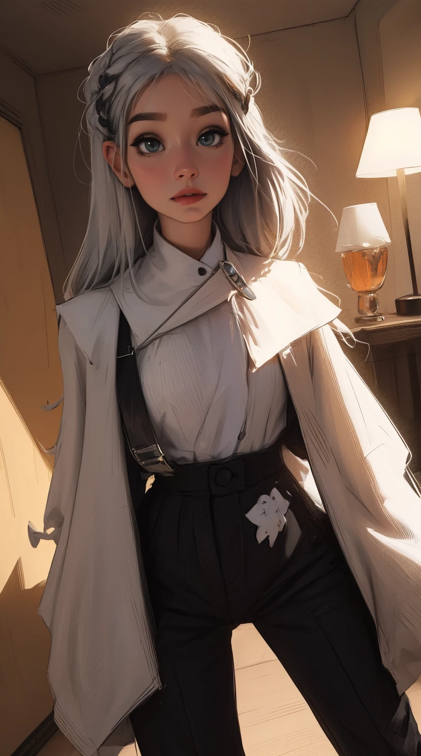 master part, 4K Ultra HD, foco nítido, Realistic; a garota no Gawr estilo Gura da hololive em uma elegante jaqueta prateada, black pants, e botas. Mantenha o rosto da Gawr Gura, mas mais realista.