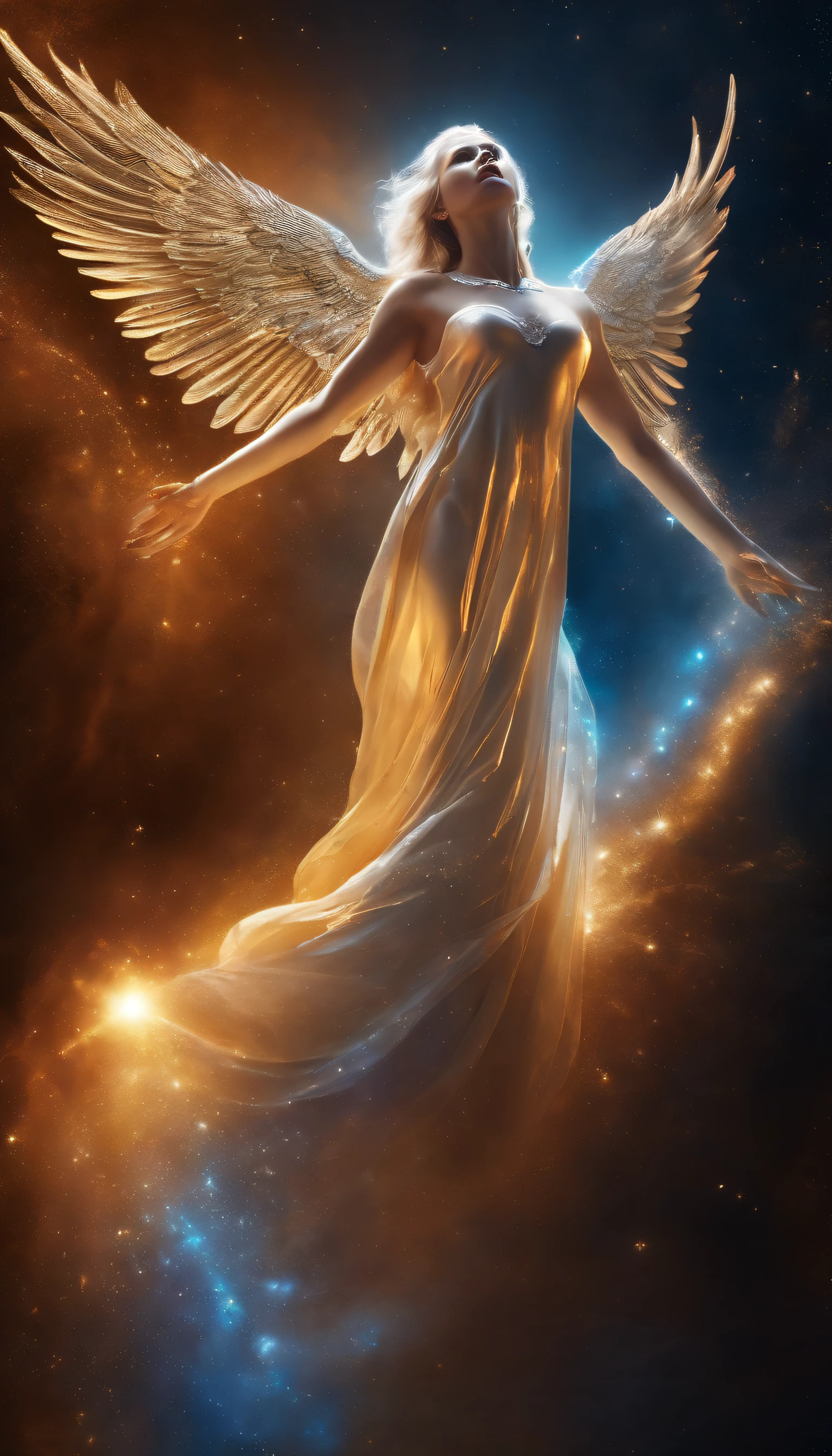 cosmic fallen angel, olhos claros brilhantes, Biomechanicals, estranho, assustador, Pesadelo, cores muito brilhantes, light particles, com luz brilhante, Mshiff, Arte do papel de parede, Papel de parede UHD