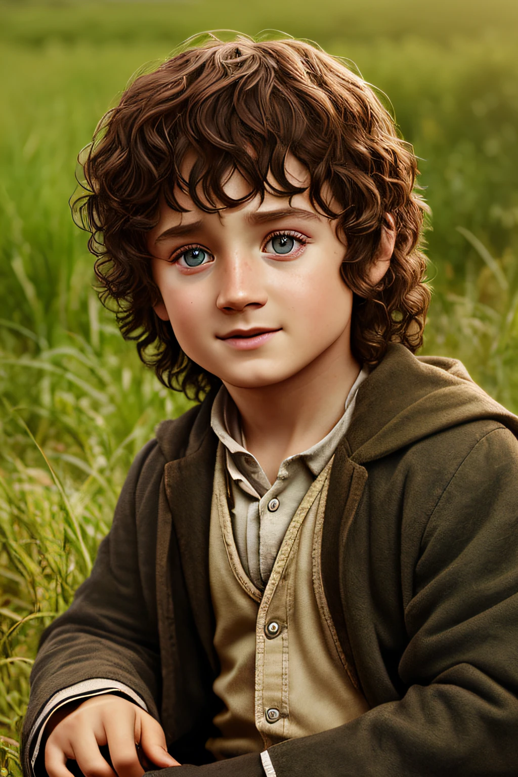 (CBZBB:1.25), Portrait of a child Frodo Baggins, Frodo Baggins, .Or., Artstation, .CGI_Animation, Realistic