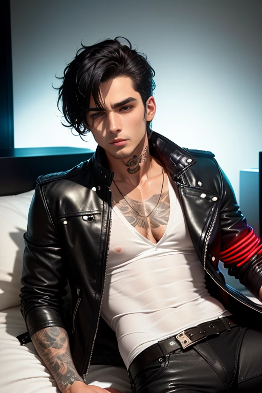 ((Best quality)), ((masterpiece)), (detailed), ((perfect face)), ((half of the body)) perfect proportions, he's a bad boy, 18 years old, he has disheveled long black hair pulled back in a ponytail, blue eyes, badass, he's sexy, he has a lot of piercings, he wears black skin, he has tattoos on his arms, he wears tight trousers and army boots, he wears accessories with spikes, he does it against the background of a night city ((perfect to do)) The whole body + a luxury motorcycle next to it. He's holding a red guitar in his hands.