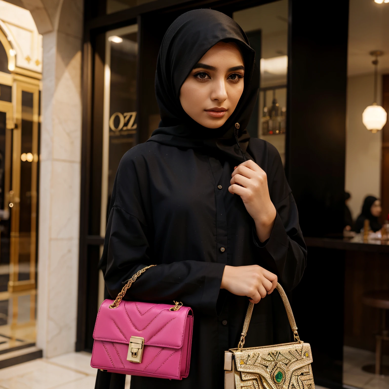 Arab girl model wearing abaya with bag that say OZ perfumes