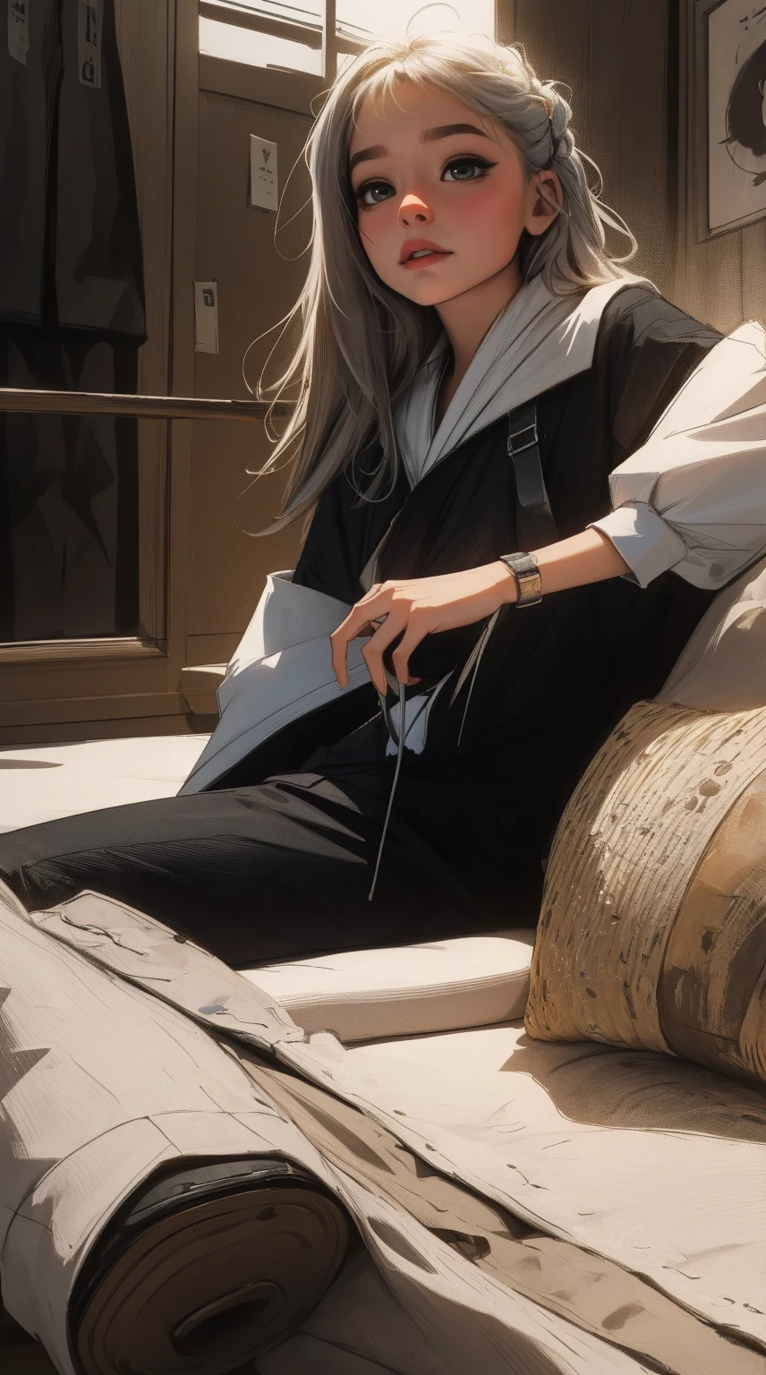 master part, 4K Ultra HD, foco nítido, Realistic; a garota no Gawr estilo Gura da hololive em uma elegante jaqueta prateada, black pants, e botas. Mantenha o rosto da Gawr Gura, mas mais realista.