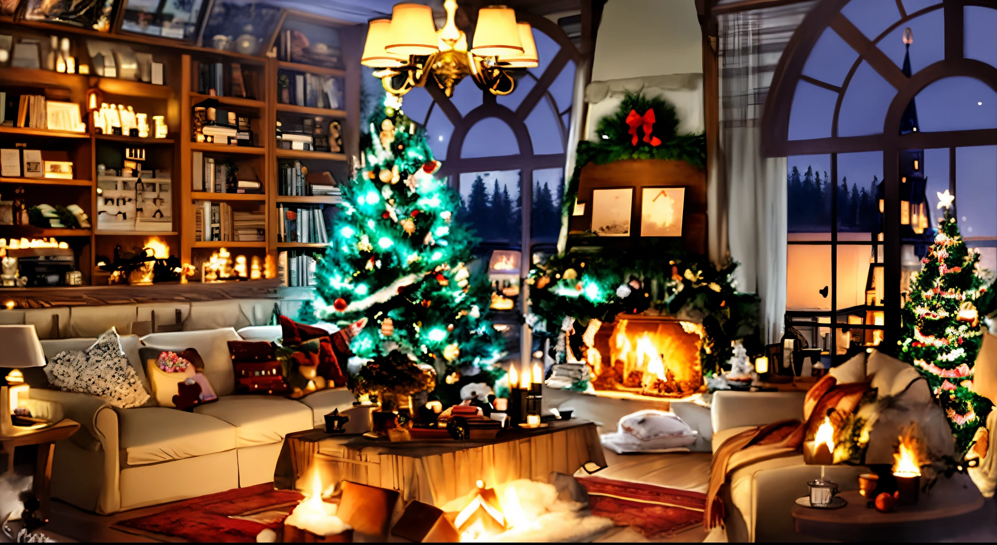 arafed living room with christmas tree and fireplace in the corner, cosy enchanted scene, thomas kinkade. cute cozy room, cozy environment, cozy living room interior, cozy place, christmas night, cozy home background, cozy living room background, cozy living room, thomas kinkade. forest room, cozy setting, cozy room, lavishly decorated