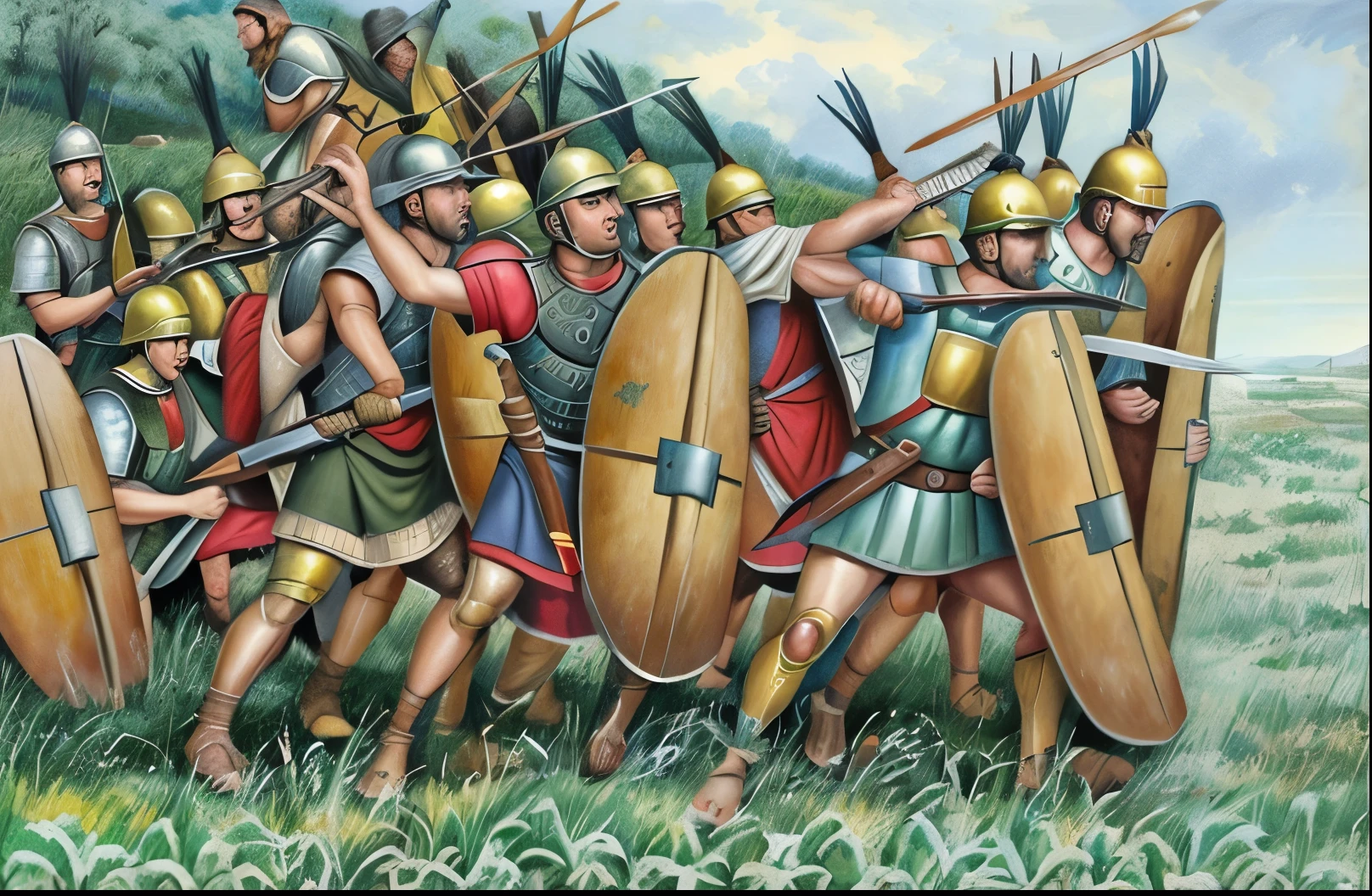 a photo of a group of men in armor holding shields, leading spartans into battle, ancient battlefield, distant battle of cannae 216 bce, historical artistic depiction, roman legionnaire, by Artur Tarnowski, by Pogus Caesar, ancient roman style, in battle, ancient roman painting, traditional roman armor, 3rd century , on a battle field
