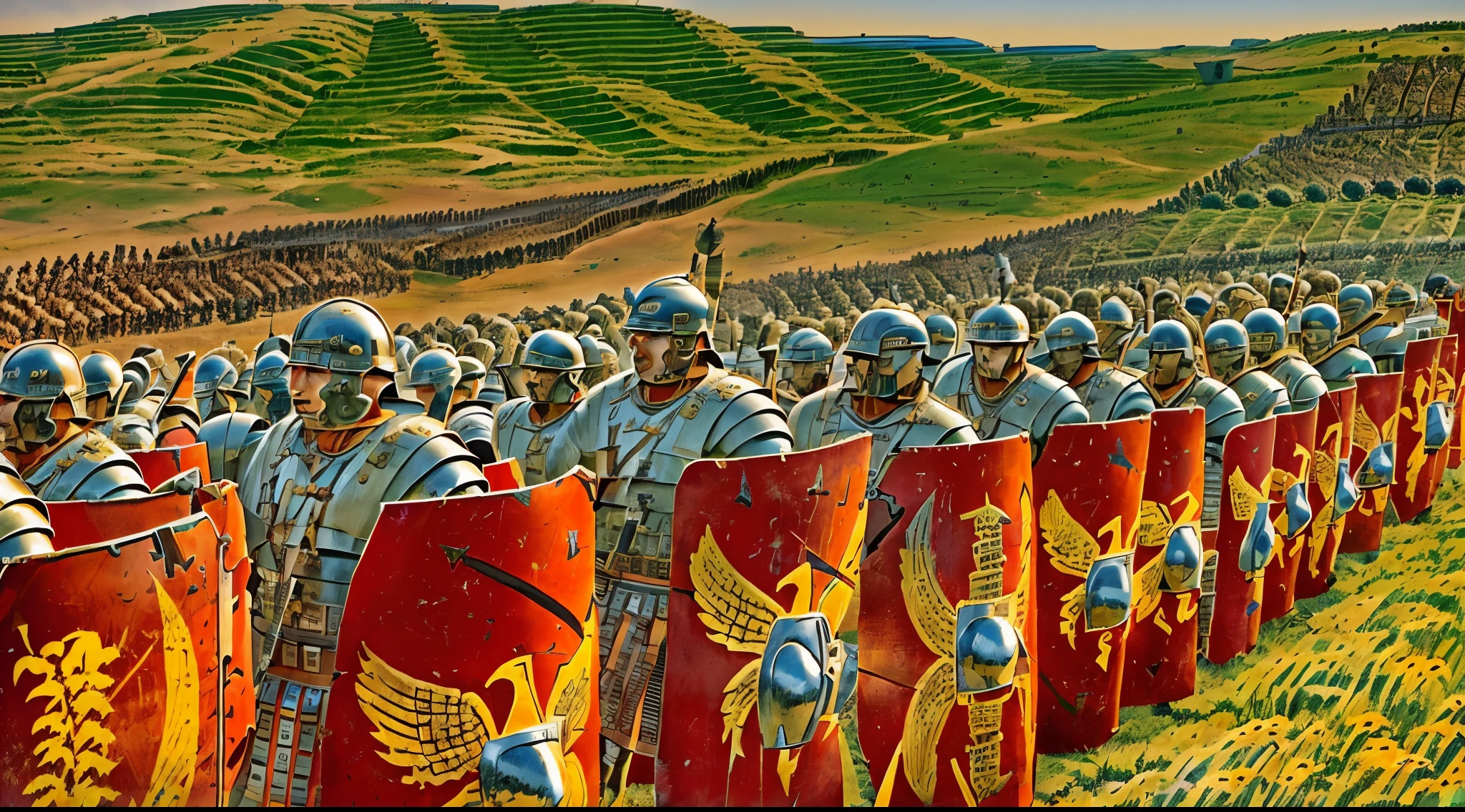 arafed row of soldiers in full armor standing in a field, invading army background, huge armies, background of invading army, leading spartans into battle, distant battle of cannae 216 bce, roman empire, roman centurion, roman, roman legionnaire, roman emperor, caesar victorious, ancient battlefield, sneering roman legioneer, caesar