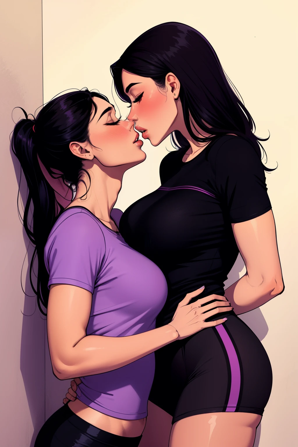a short  woman wearing purple t shirt and black tracks, pinned , eyes closed, lips parted, blushing intensely, ready to kiss