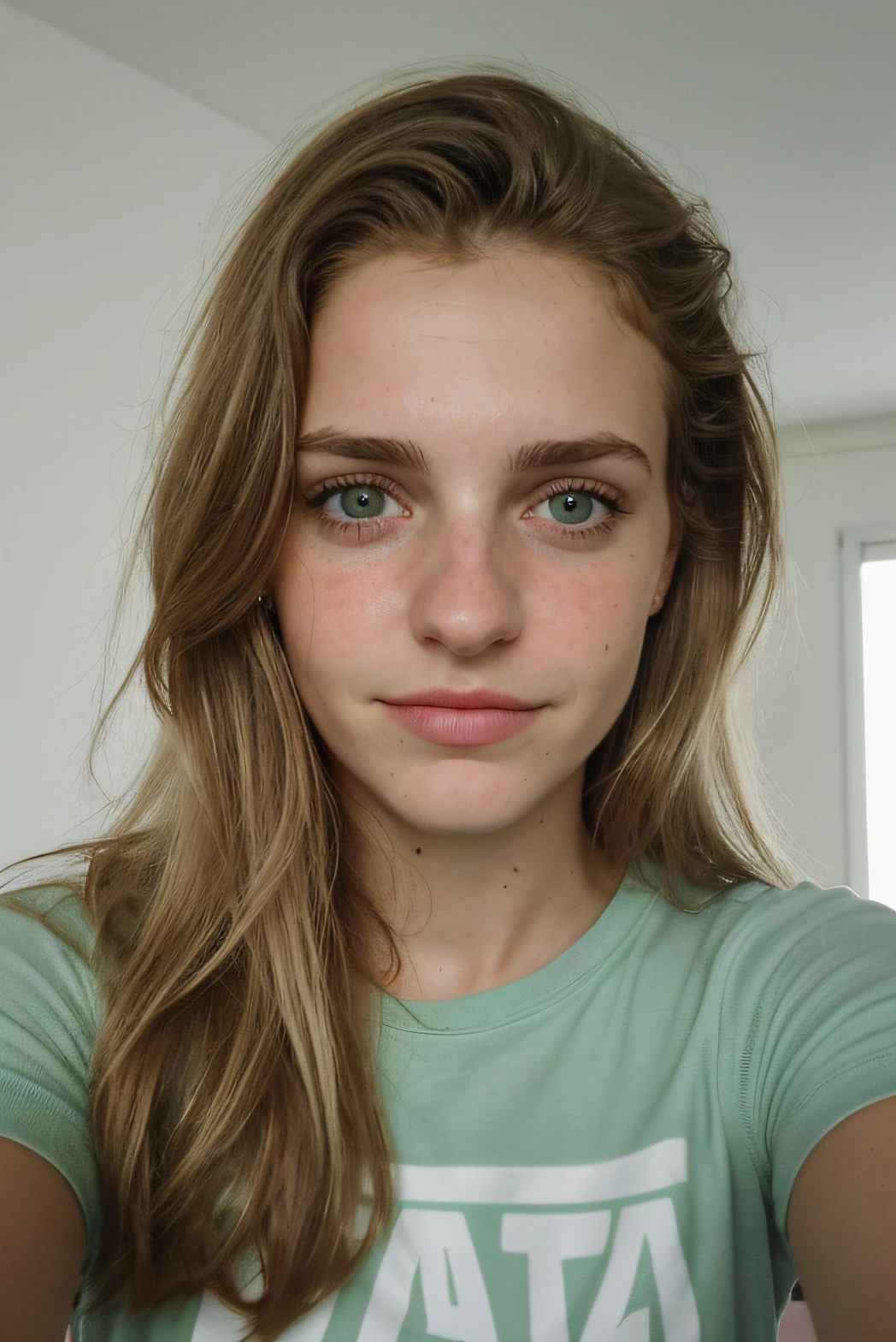 uma selfie de martina, uma jovem extremamente atraente, olhos verdes, cabelos loiro, seios grandes, face inocente, de 18 anos que parece ter 16, foto casual no quarto, tirada com camera do Iphone