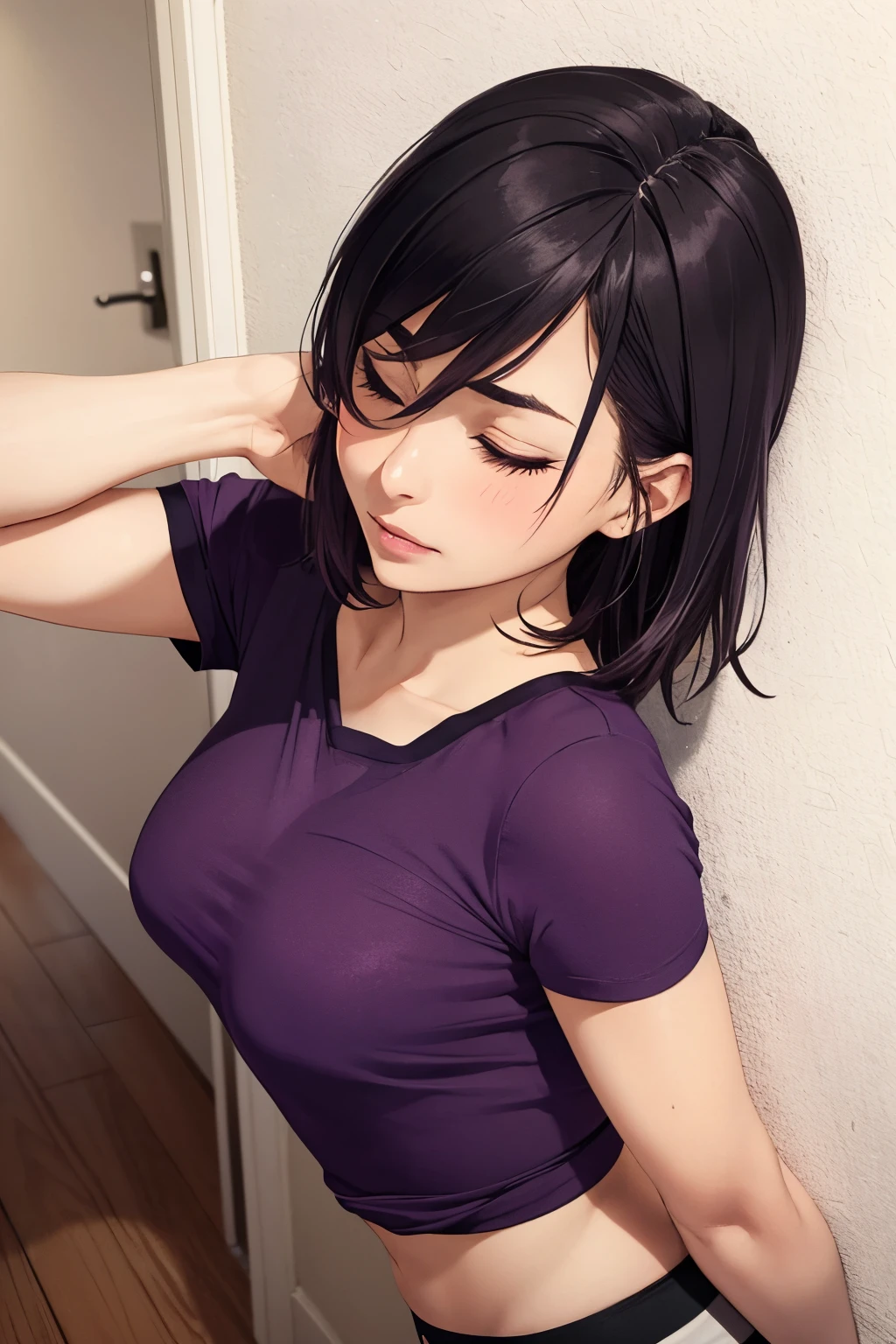a short sexy woman wearing purple t shirt and black tracks, pinned against the wall, eyes closed, lips parted, blushing intensely, ready to kiss