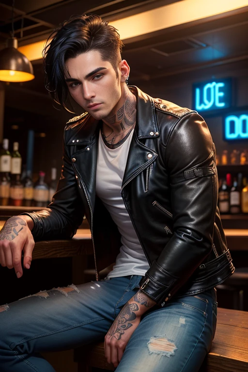 (1guy), handsome guy, black hair ,black eyes, ,some tatoo, underground rock setting. Dark lights, leatherjacket, leather jeans, white shirt, , blue and black lights, , in a white shirt beanth the jacket,sitting in a bar, alone,