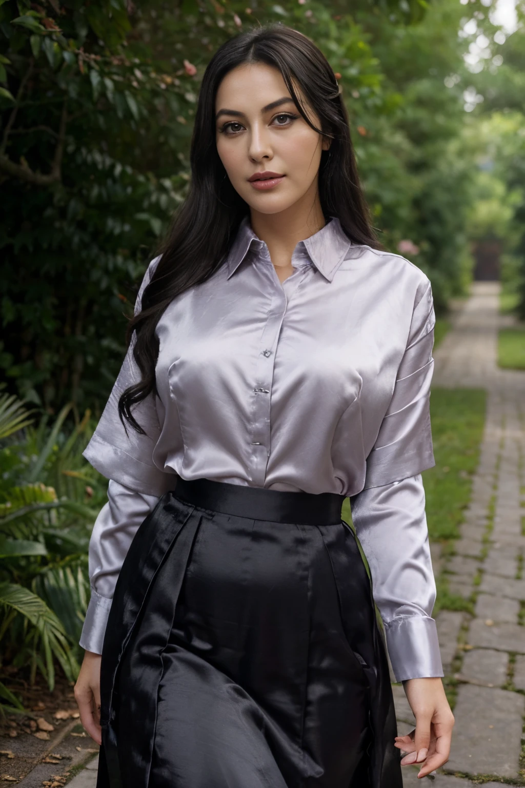 A woman in a skirt and shirt is walking down a path - SeaArt AI