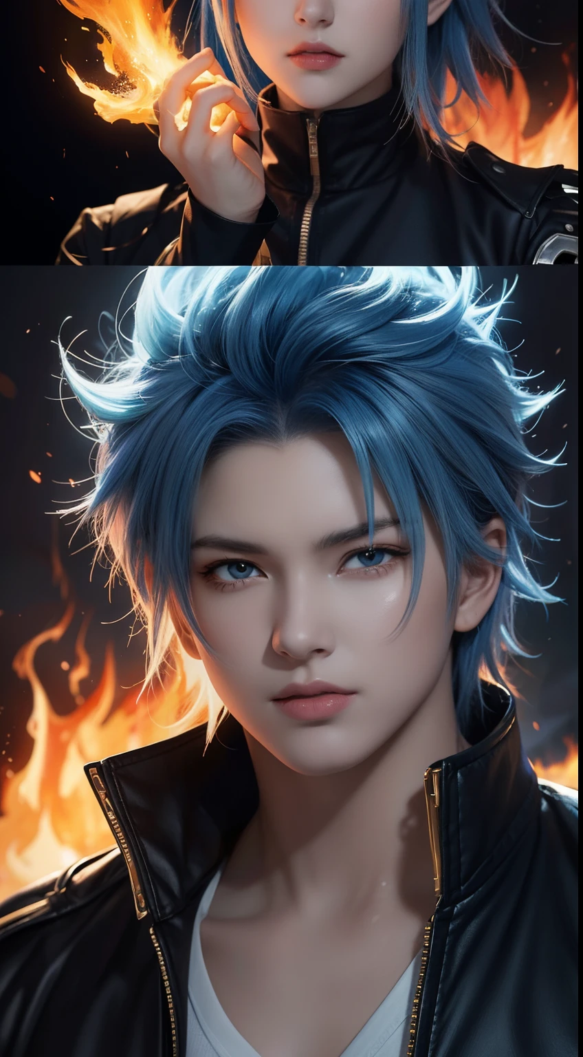 (Aesthetic, Hi-Res: 1.2), Get ready for a visual feast with Gogeta 20 years old, brilliant blue hair and tattoos, a creature with a handsome face and piercing golden eyes. In his transformed state, he radiates extreme instinct and power, creating an epic anime about this man of energy. See how he manipulates fire and lava in stunning anime artwork that will blow your mind. This concept art is straight from the Bleach Universe, with manga-style 8k wallpapers that will transport you to another dimension. Get ready to be amazed by this detailed piece of digital anime art, showcasing the ultimate combination of style and power.