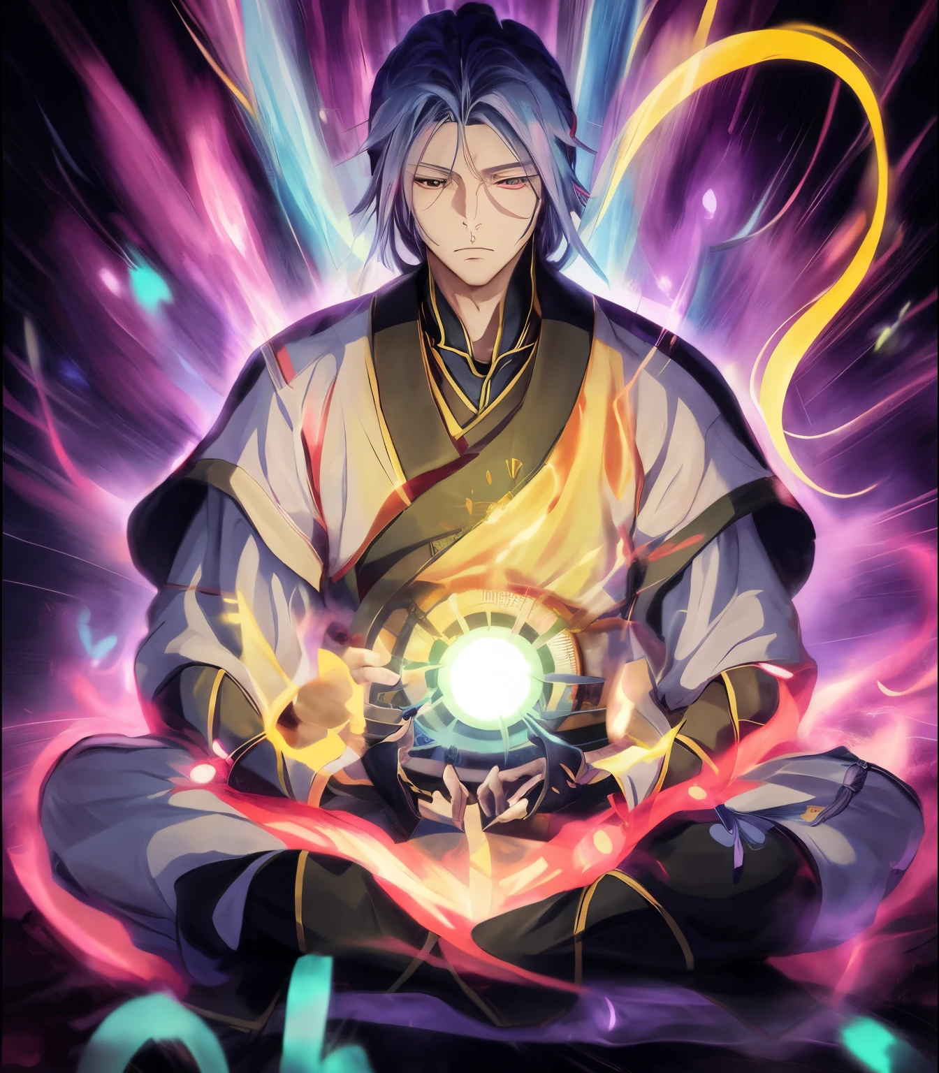 anime character sitting in lotus position with glowing orb, Heise Jinyao, divindade de cabelos brancos, imagem do avatar, taoist, empunhando kunai, he is casting a lighting spell, Shikanosuke Yagaki, Fanart, inspirado em Zhibai, taoist master, imagem de anime shuushuu