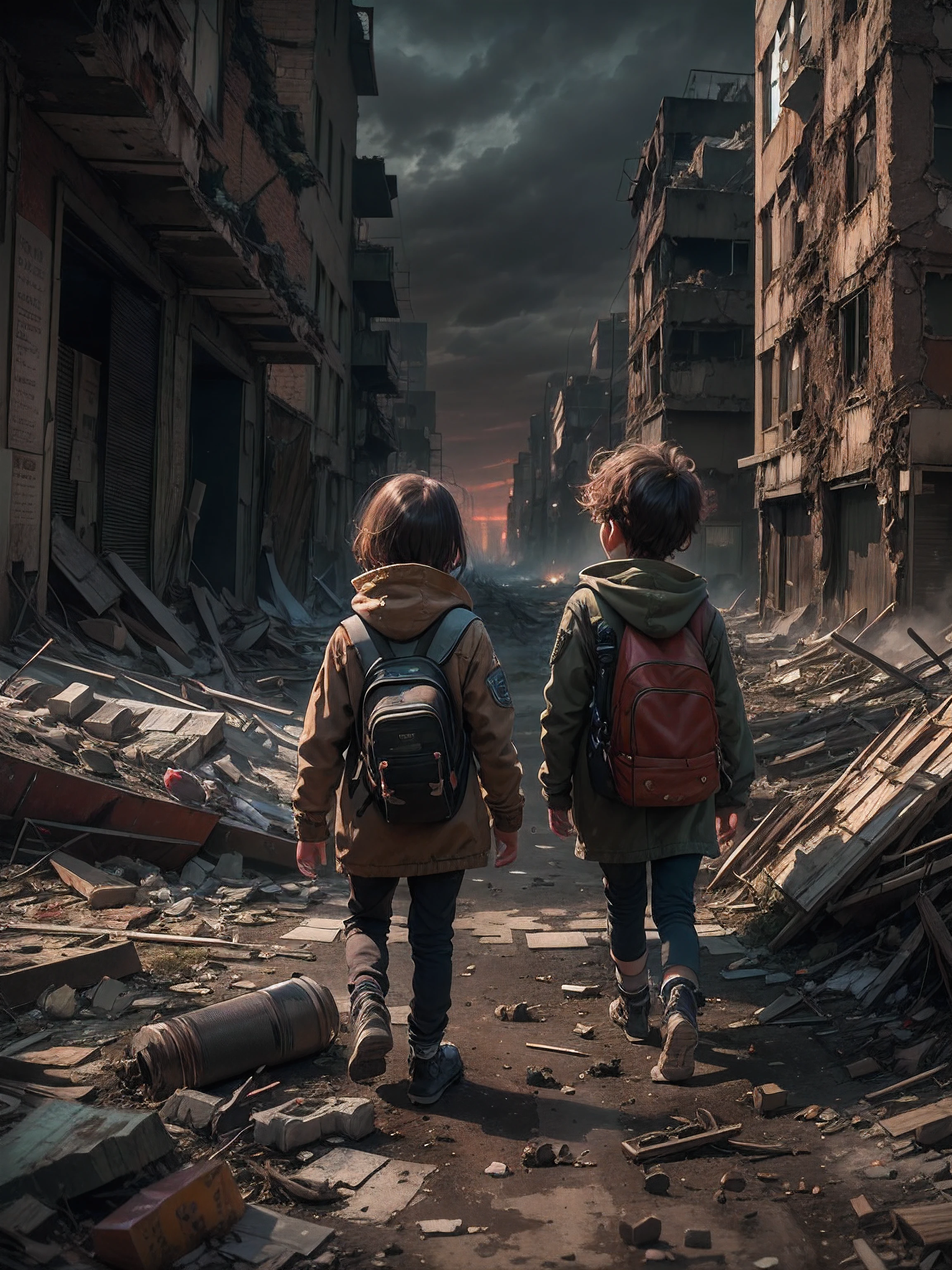 «»Witness the haunting beauty of a post-apocalyptic cityscape as two lonely children navigate the desolate cityscape. The city is in ruins, con rascacielos desmoronados y edificios abandonados recortados contra un rojo sangre, cielo oscuro. The children, vestida con ropa hecha jirones, Camina con cautela por las calles llenas de escombros. El suave resplandor de los fuegos distantes proyecta largas sombras, adding a spooky atmosphere to the scene. The camera angle is a wide shot, Capturando la inmensidad de la ciudad en decadencia. camera lens: HDR, Resaltar el contraste entre la luz y la sombra, enfatizando los detalles arenosos de las ruinas. resolution: 8k, offering crystal clear clarity to disturbing images.»»