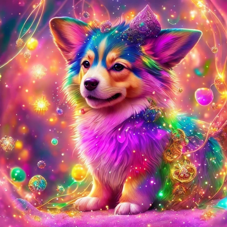 Fantasy, A mystical corgi, with shimmering fur that glows like stardust. Its eyes hold secrets of ancient wisdom, and its paws leave trails of enchanted paw prints. The scene  set in a lush, enchanted forest, where sparkling fairy lights dance among the trees. The atmosphere  filled with a sense of wonder and magic. The artistic medium used  digital illustration, incorporating vibrant colors and intricate details. Inspired by the works of Hayao Miyazaki, Studio Ghibli, and the Art Nouveau movement. Camera settings: Digital camera, high resolution, soft focus effect. Colorful fusion, dripping,