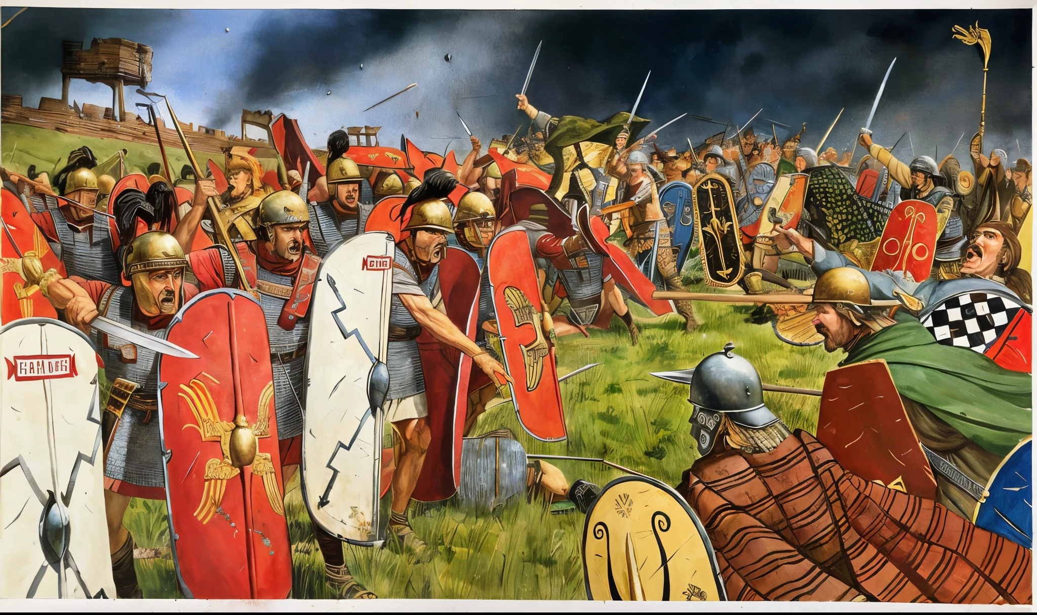 a painting of a group of men in armor holding swords, historical artistic depiction, leading spartans into battle, by Pogus Caesar, fall of rome, background of invading army, in battle, heroic battle scene, 4 0 0 , historical painting, the fall of rome, ancient battlefield, by Mort Artists, ancient roman painting, by Antonio Ciseri