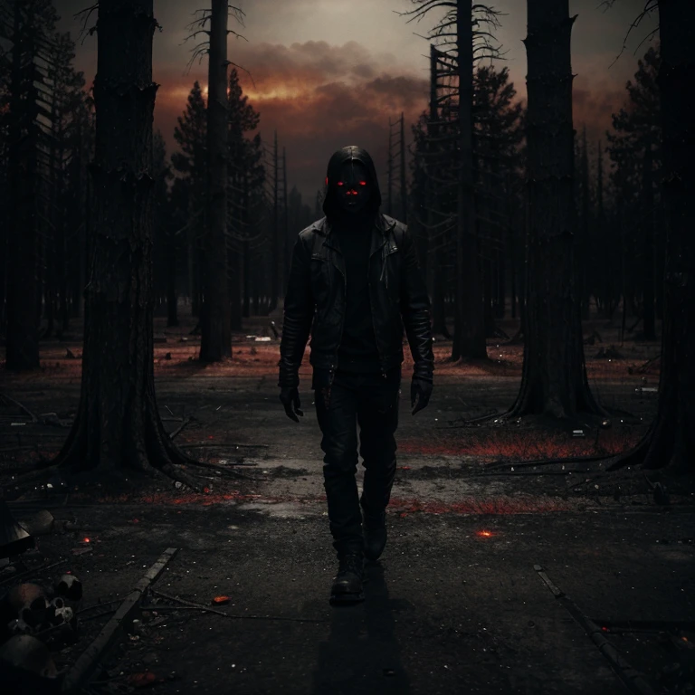 (black demon(1.1), red eyes(1.1), furious face, walking in a desolate place, dead trees and skulls on the ground, red-colored sky, dark atmosphere, horror lighting) (best quality, ultra-detailed, realistic:1.37), horror theme, dark color palette, dramatic shadows