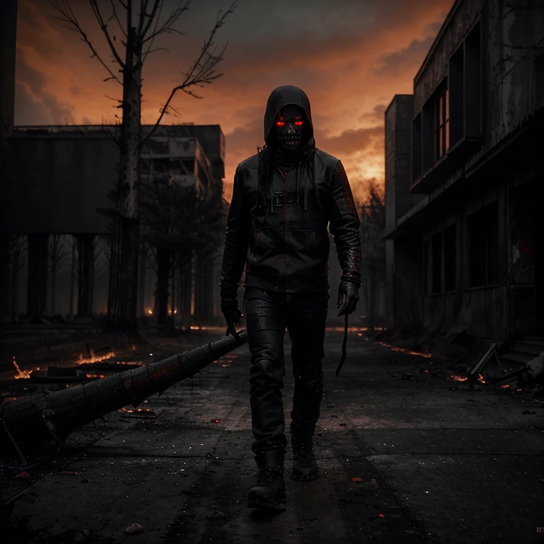 (black demon(1.1), red eyes(1.1), furious face, walking in a desolate place, dead trees and skulls on the ground, red-colored sky, dark atmosphere, horror lighting) (best quality, ultra-detailed, realistic:1.37), horror theme, dark color palette, dramatic shadows